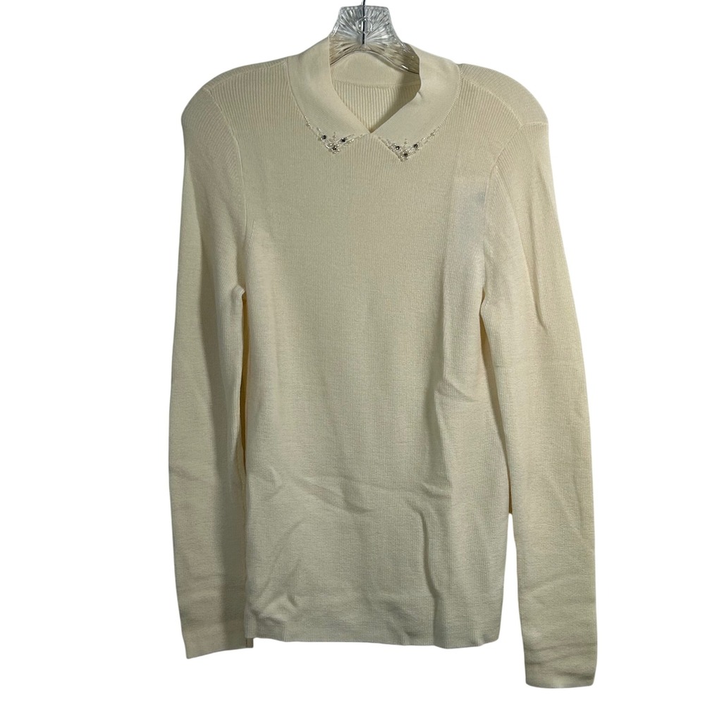 Goelia Gloria Cream 100% Wool Embellished Mock Neck Sweater Top NWT Large
